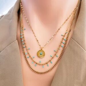 18 KT Gold Over Titanium Turquoise Layered Necklace